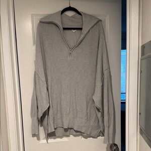 Aerie Light Gray Half-Zip Ribbed Sweater